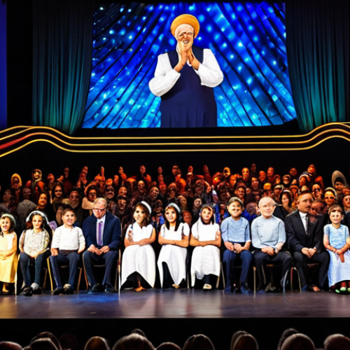 Home 15 A diverse group of Italian children and their parents, fully clothed in modest, appropriate attire, captivated and joyful, sitting in the audience of a grand, elegant Italian theater. The stage in the background features dynamic, abstract light projections and colorful, non-figurative shapes, suggesting a live performance. The atmosphere is magical and warm, illuminated by professional stage lighting. The scene captures pure wonder and engagement from the audience. High-quality professional photography, vibrant colors, perfect anatomy, correct proportions, natural poses, well-formed hands, proper finger count, natural body proportions. safe for work, appropriate content, fully clothed, family-friendly.