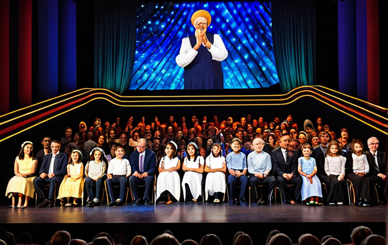A diverse group of Italian children and their parents, fully clothed in modest, appropriate attire, captivated and joyful, sitting in the audience of a grand, elegant Italian theater. The stage in the background features dynamic, abstract light projections and colorful, non-figurative shapes, suggesting a live performance. The atmosphere is magical and warm, illuminated by professional stage lighting. The scene captures pure wonder and engagement from the audience. High-quality professional photography, vibrant colors, perfect anatomy, correct proportions, natural poses, well-formed hands, proper finger count, natural body proportions. safe for work, appropriate content, fully clothed, family-friendly.