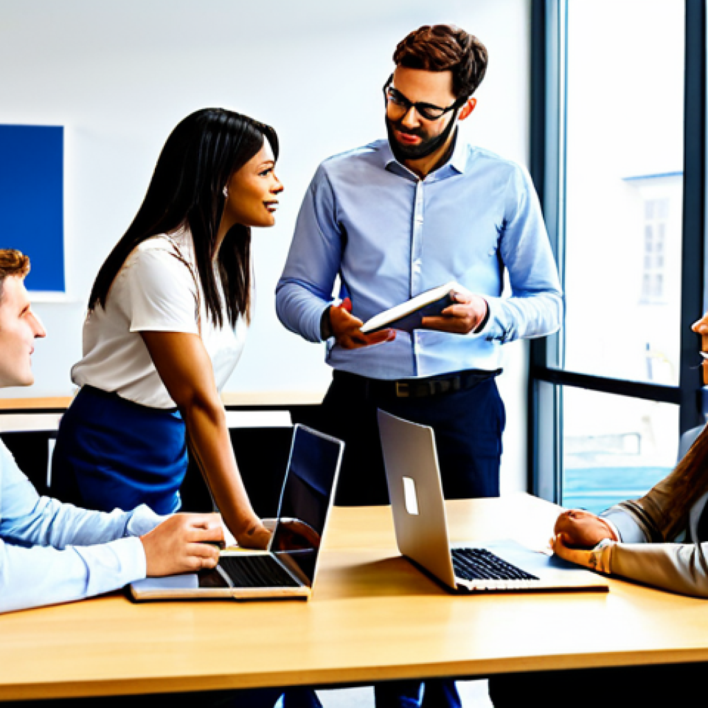 A diverse group of professionals in a bright, modern, collaborative office setting, fully clothed in modest business casual attire. They are engaged in an empathetic discussion, with one person actively listening to another, fostering a sense of community and strong relationships. Laptops and notepads are on a shared table. The environment is welcoming and professional, with natural light. Perfect anatomy, correct proportions, natural pose, well-formed hands, proper finger count, natural body proportions. Professional photography, high quality, safe for work, appropriate content, fully clothed, professional dress.