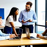 A diverse group of professionals in a bright, modern, collaborative office setting, fully clothed in modest business casual attire. They are engaged in an empathetic discussion, with one person actively listening to another, fostering a sense of community and strong relationships. Laptops and notepads are on a shared table. The environment is welcoming and professional, with natural light. Perfect anatomy, correct proportions, natural pose, well-formed hands, proper finger count, natural body proportions. Professional photography, high quality, safe for work, appropriate content, fully clothed, professional dress.