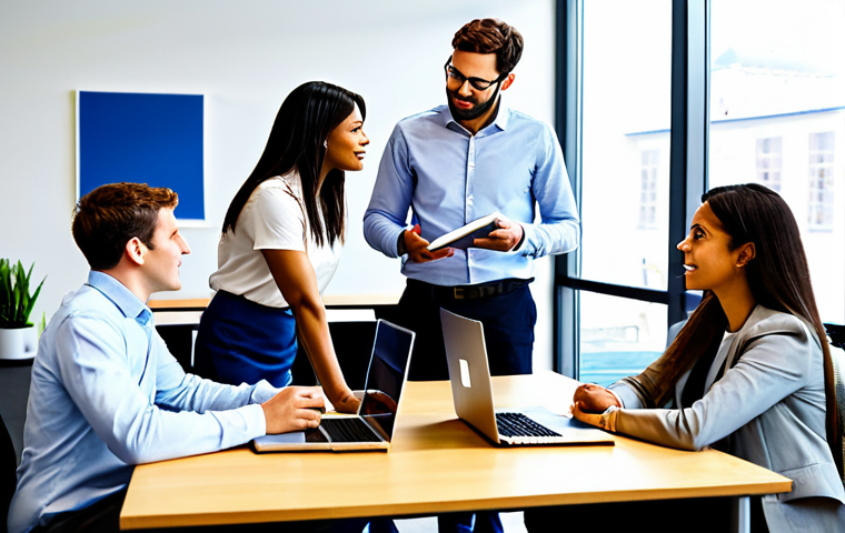 A diverse group of professionals in a bright, modern, collaborative office setting, fully clothed in modest business casual attire. They are engaged in an empathetic discussion, with one person actively listening to another, fostering a sense of community and strong relationships. Laptops and notepads are on a shared table. The environment is welcoming and professional, with natural light. Perfect anatomy, correct proportions, natural pose, well-formed hands, proper finger count, natural body proportions. Professional photography, high quality, safe for work, appropriate content, fully clothed, professional dress.