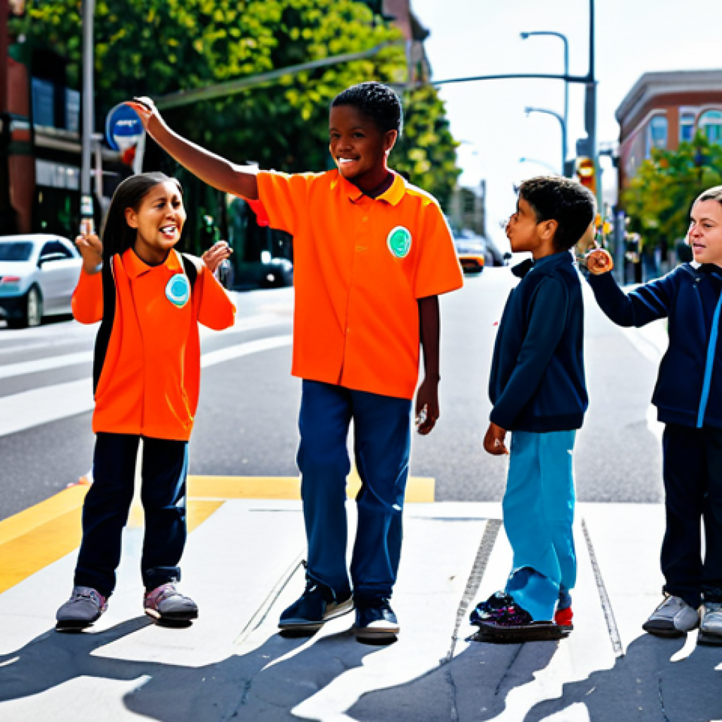 A diverse group of cheerful children, approximately 6-8 years old, fully clothed in modest, comfortable play attire, engaged in an outdoor road safety education session. They are standing on a clean, well-maintained urban sidewalk next to a clearly marked pedestrian crosswalk, with a traffic light visible. A professional adult, fully clothed in appropriate attire, is gently guiding them, demonstrating safe crossing practices. The background features modern, family-friendly city buildings under bright daylight. Professional photography, high resolution, vibrant colors, clear focus. safe for work, appropriate content, fully clothed, modest, perfect anatomy, correct proportions, natural pose, well-formed hands, proper finger count, natural body proportions.