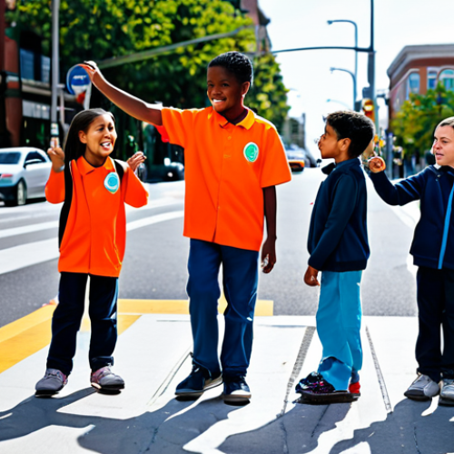Home 7 A diverse group of cheerful children, approximately 6-8 years old, fully clothed in modest, comfortable play attire, engaged in an outdoor road safety education session. They are standing on a clean, well-maintained urban sidewalk next to a clearly marked pedestrian crosswalk, with a traffic light visible. A professional adult, fully clothed in appropriate attire, is gently guiding them, demonstrating safe crossing practices. The background features modern, family-friendly city buildings under bright daylight. Professional photography, high resolution, vibrant colors, clear focus. safe for work, appropriate content, fully clothed, modest, perfect anatomy, correct proportions, natural pose, well-formed hands, proper finger count, natural body proportions.