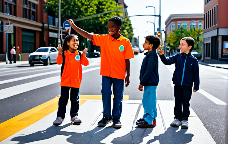 A diverse group of cheerful children, approximately 6-8 years old, fully clothed in modest, comfortable play attire, engaged in an outdoor road safety education session. They are standing on a clean, well-maintained urban sidewalk next to a clearly marked pedestrian crosswalk, with a traffic light visible. A professional adult, fully clothed in appropriate attire, is gently guiding them, demonstrating safe crossing practices. The background features modern, family-friendly city buildings under bright daylight. Professional photography, high resolution, vibrant colors, clear focus. safe for work, appropriate content, fully clothed, modest, perfect anatomy, correct proportions, natural pose, well-formed hands, proper finger count, natural body proportions.