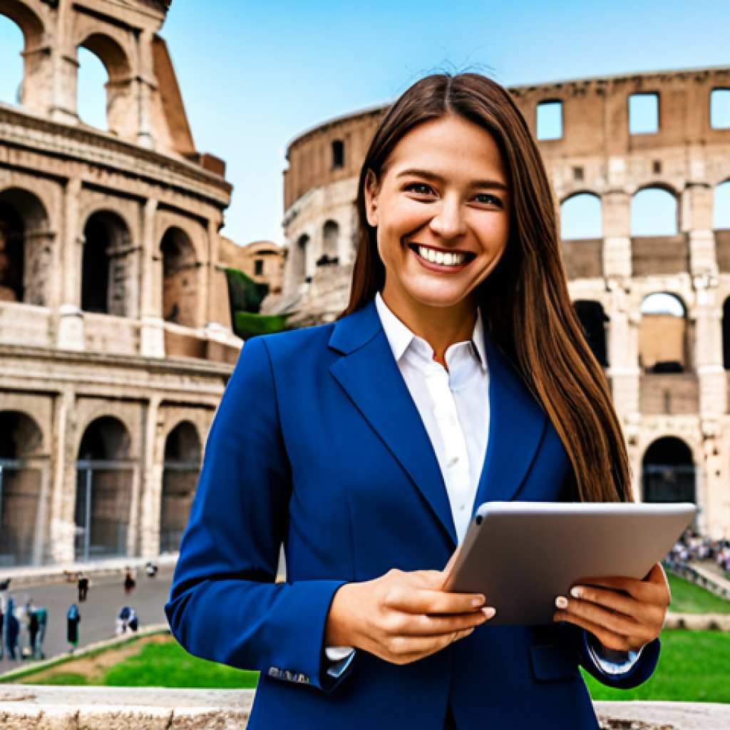 **

"A professional businesswoman in a modest business suit, standing in front of the Colosseum in Rome, Italy. She is holding a tablet and smiling confidently. Fully clothed, appropriate attire, safe for work, perfect anatomy, natural proportions, professional photography, high quality, bright daylight."

**