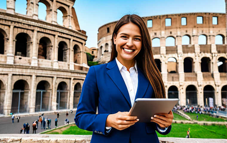 **
"A professional businesswoman in a modest business suit, standing in front of the Colosseum in Rome, Italy. She is holding a tablet and smiling confidently. Fully clothed, appropriate attire, safe for work, perfect anatomy, natural proportions, professional photography, high quality, bright daylight."
**