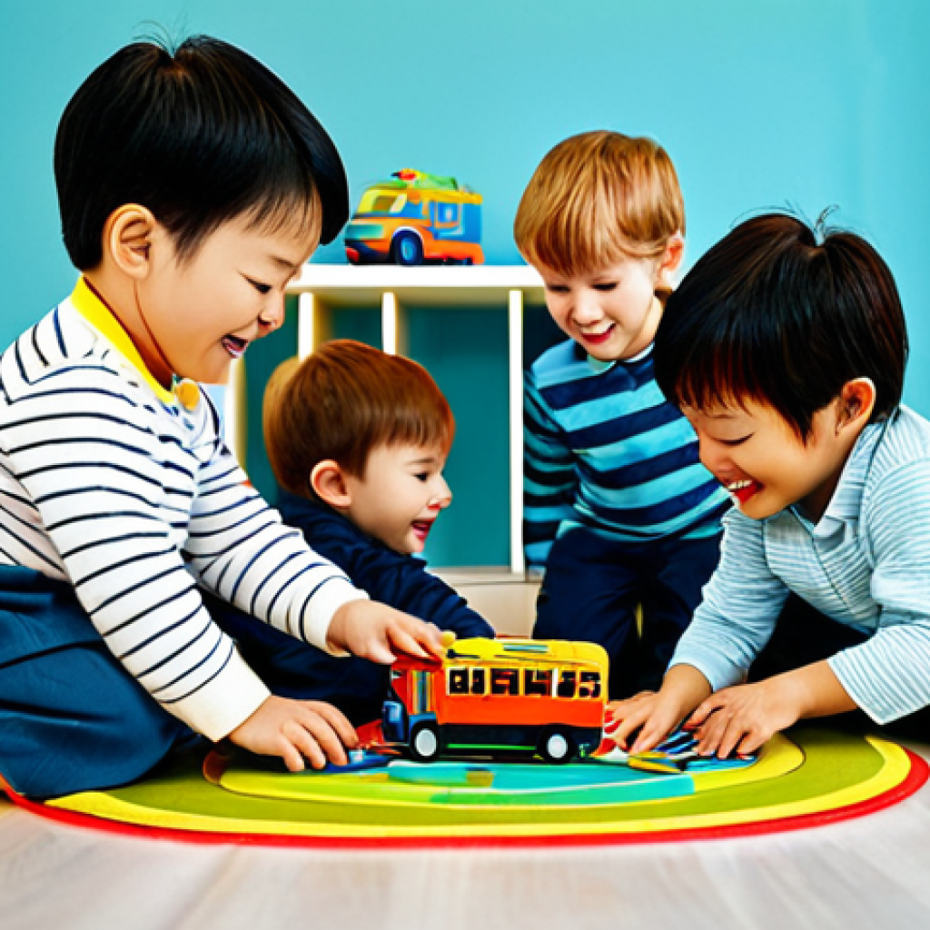 타요 캐릭터 테마 스토리 - **

A group of fully clothed children playing with Tayo the Little Bus toys in a brightly lit playro...
