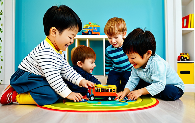 타요 캐릭터 테마 스토리 - **
A group of fully clothed children playing with Tayo the Little Bus toys in a brightly lit playro...