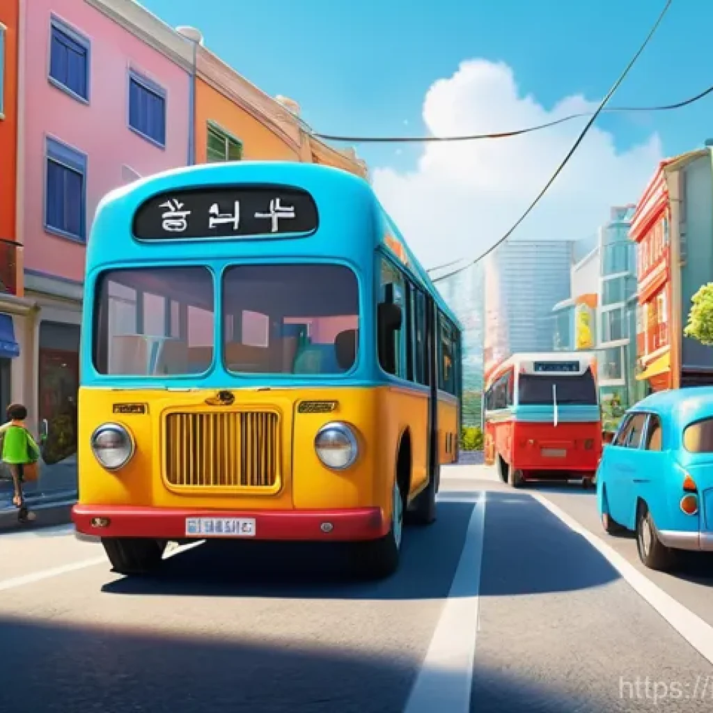 타요 캐릭터 탄생 과정 - **A joyful scene of Tayo and his friends collaborating in a bustling, vibrant city.**
"A wide sh...