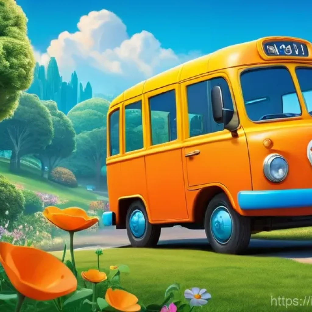 타요 등장인물 성격 비교 - A vibrant, cheerful scene featuring Tayo the Little Blue Bus. He is confidently navigating a slightl...