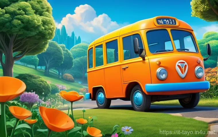 타요 등장인물 성격 비교 - A vibrant, cheerful scene featuring Tayo the Little Blue Bus. He is confidently navigating a slightl...