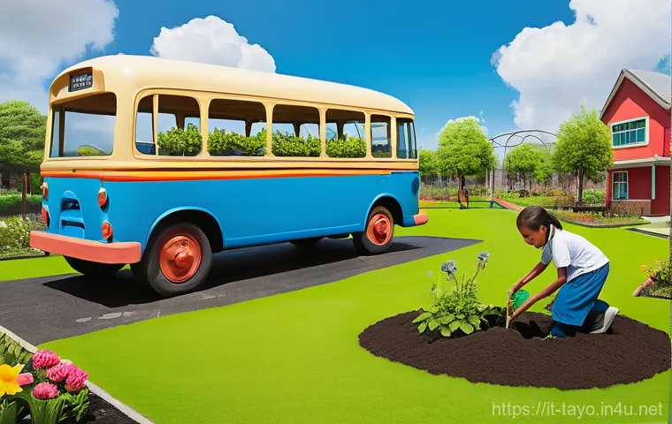 타요의 에피소드 베스트 5 - A vibrant, cheerful scene featuring four anthropomorphic buses, Tayo (blue, curious), Rogi (green, e...