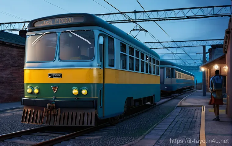 타요의 에피소드 베스트 5 - A vibrant, cheerful scene featuring four anthropomorphic buses, Tayo (blue, curious), Rogi (green, e...