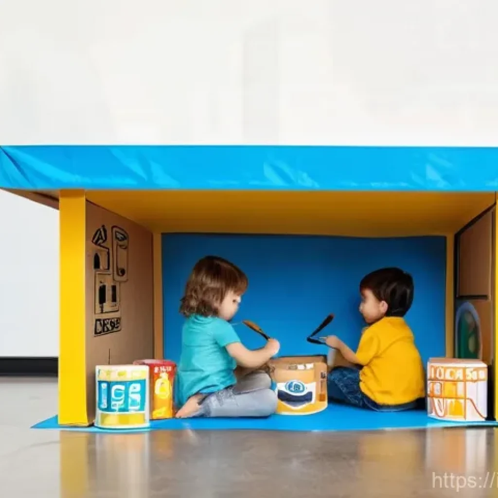 타요와 어린이 놀이 활동 - **Cardboard Bus Station Construction:** A cheerful, brightly lit indoor scene. Two children, approxi...