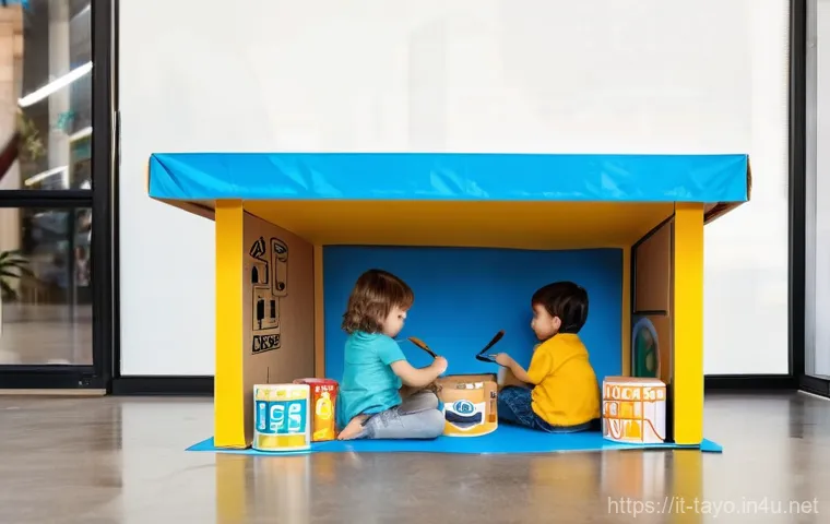 타요와 어린이 놀이 활동 - **Cardboard Bus Station Construction:** A cheerful, brightly lit indoor scene. Two children, approxi...