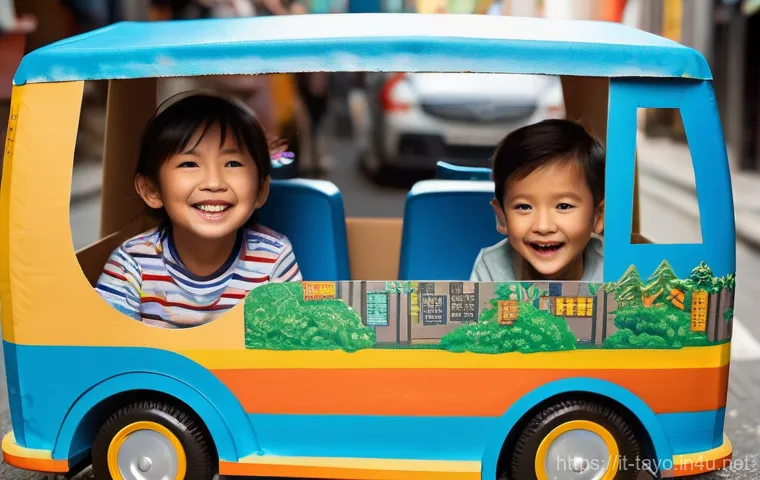 타요와 어린이 놀이 활동 - **Cardboard Bus Station Construction:** A cheerful, brightly lit indoor scene. Two children, approxi... 타요와 어린이 놀이 활동 - **Cardboard Bus Station Construction:** A cheerful, brightly lit indoor scene. Two children, approxi...