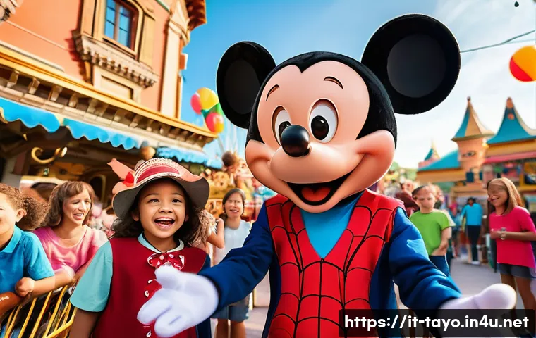 타요 관련 이벤트 - A group of diverse children, aged 5-10, are excitedly gathered around a cheerful Mickey Mouse and a ...