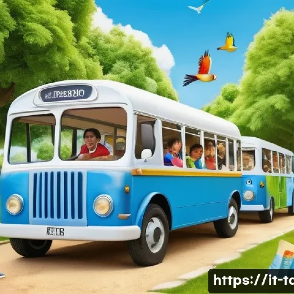 타요의 친환경 메시지 - A vibrant, colorful scene showing a group of friendly cartoon buses, including Tayo, in a sunny Ital...