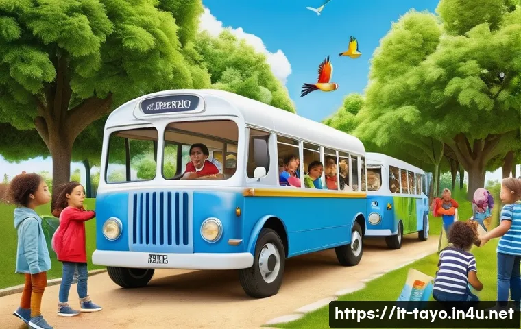 타요의 친환경 메시지 - A vibrant, colorful scene showing a group of friendly cartoon buses, including Tayo, in a sunny Ital...