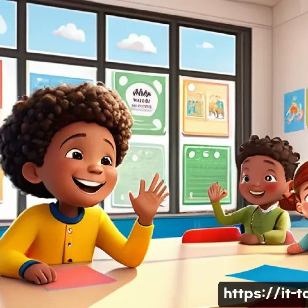 타요와 협업 사례 - A vibrant, colorful classroom scene in an Italian elementary school, featuring children of diverse b...