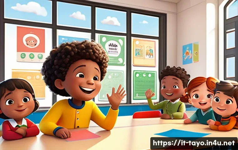 타요와 협업 사례 - A vibrant, colorful classroom scene in an Italian elementary school, featuring children of diverse b...