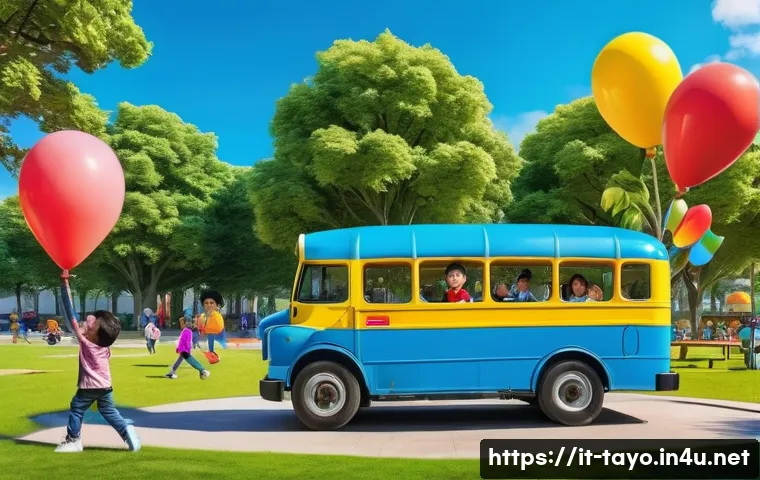 타요와 함께 배우는 색깔 - A colorful and cheerful scene featuring Tayo the blue bus surrounded by children playing in a bright...