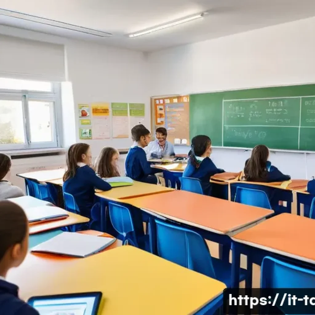 타요와 미래의 교육 - A modern Italian classroom scene with diverse students aged around 15, engaged in a digital learning...
