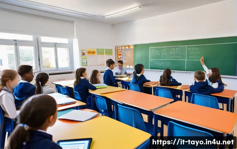 타요와 미래의 교육 - A modern Italian classroom scene with diverse students aged around 15, engaged in a digital learning...