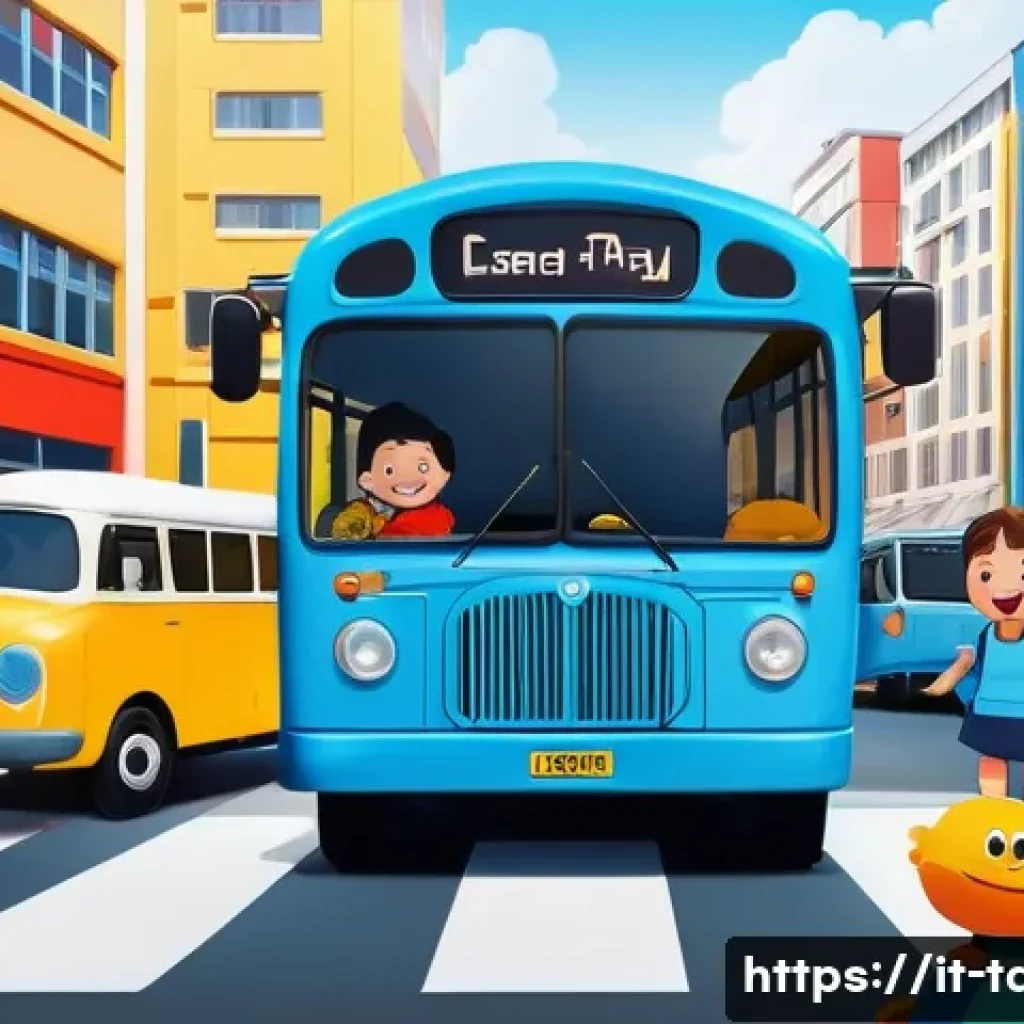 타요의 교육적 효과 - A vibrant and colorful scene featuring friendly animated bus characters inspired by "Tayo," each wit...