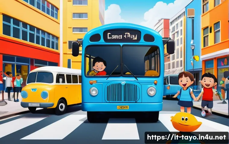 타요의 교육적 효과 - A vibrant and colorful scene featuring friendly animated bus characters inspired by "Tayo," each wit...