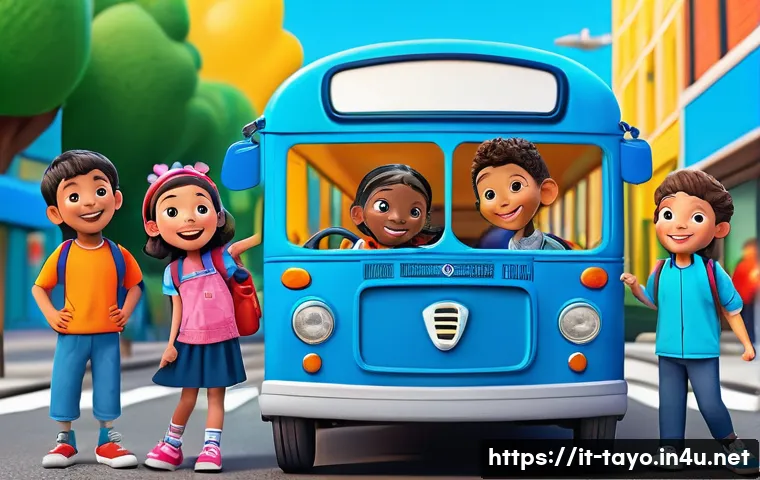 타요 유튜브 공식 채널 - A vibrant, colorful animated scene featuring a friendly blue bus character named Tayo and his divers...
