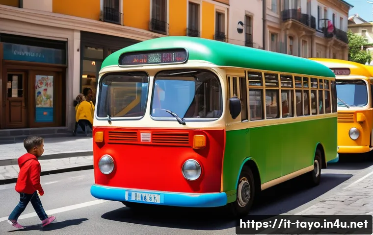 타요의 애니메이션 기법 - A vibrant and heartwarming scene featuring a group of colorful, rounded buses with simple but expres...