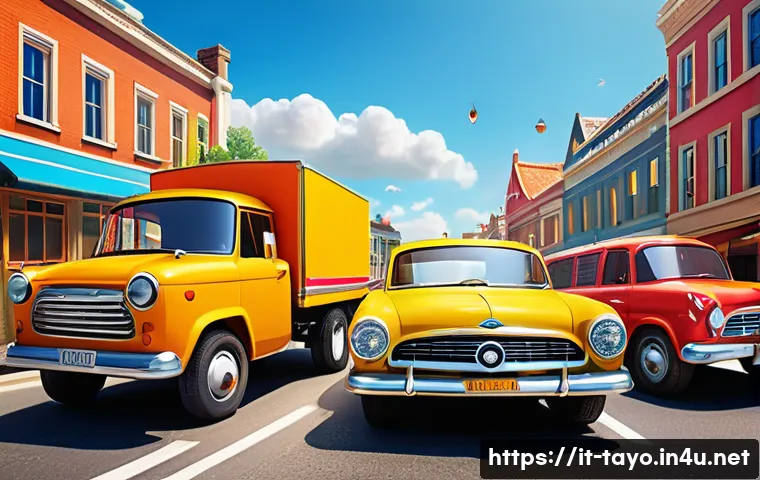 타요 비슷한 애니메이션 - A vibrant and colorful scene of animated anthropomorphic vehicles resembling friendly race cars and ...