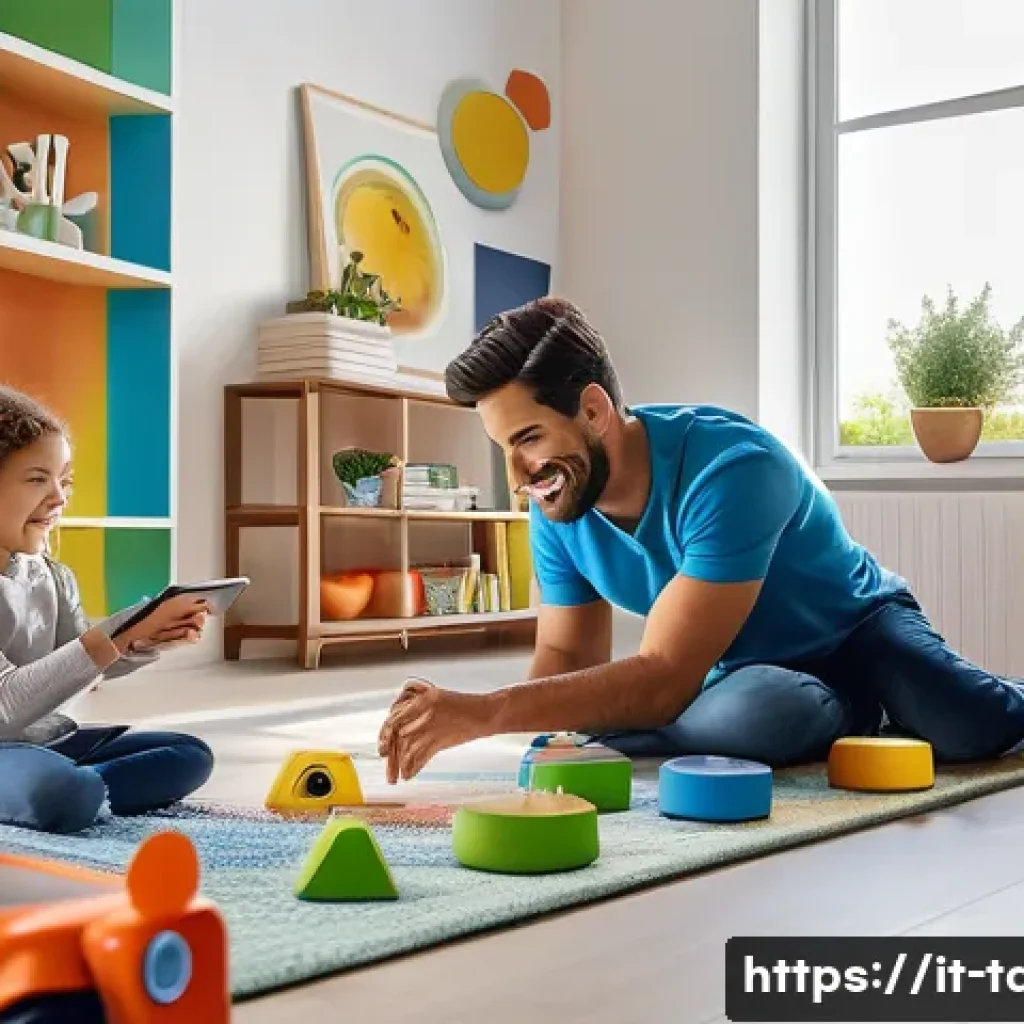 타요와 4차 산업 기술 - A cheerful Italian family in a modern smart home living room, surrounded by interactive educational ...