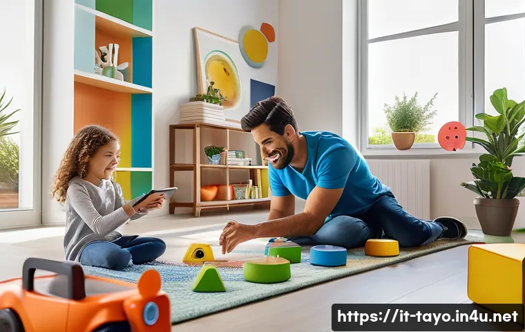 타요와 4차 산업 기술 - A cheerful Italian family in a modern smart home living room, surrounded by interactive educational ...