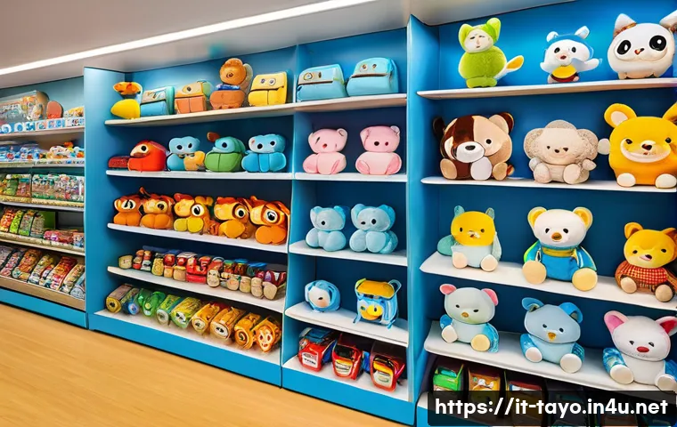 타요 관련 굿즈 구매처 - A bright and colorful retail toy store shelf in Milan, showcasing authentic Tayo character plush toy...