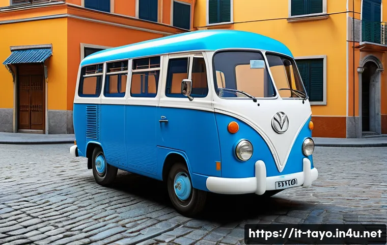 타요 캐릭터별 특징 - A vibrant, friendly blue bus named Tayo with large expressive headlights resembling eyes, smiling wa...