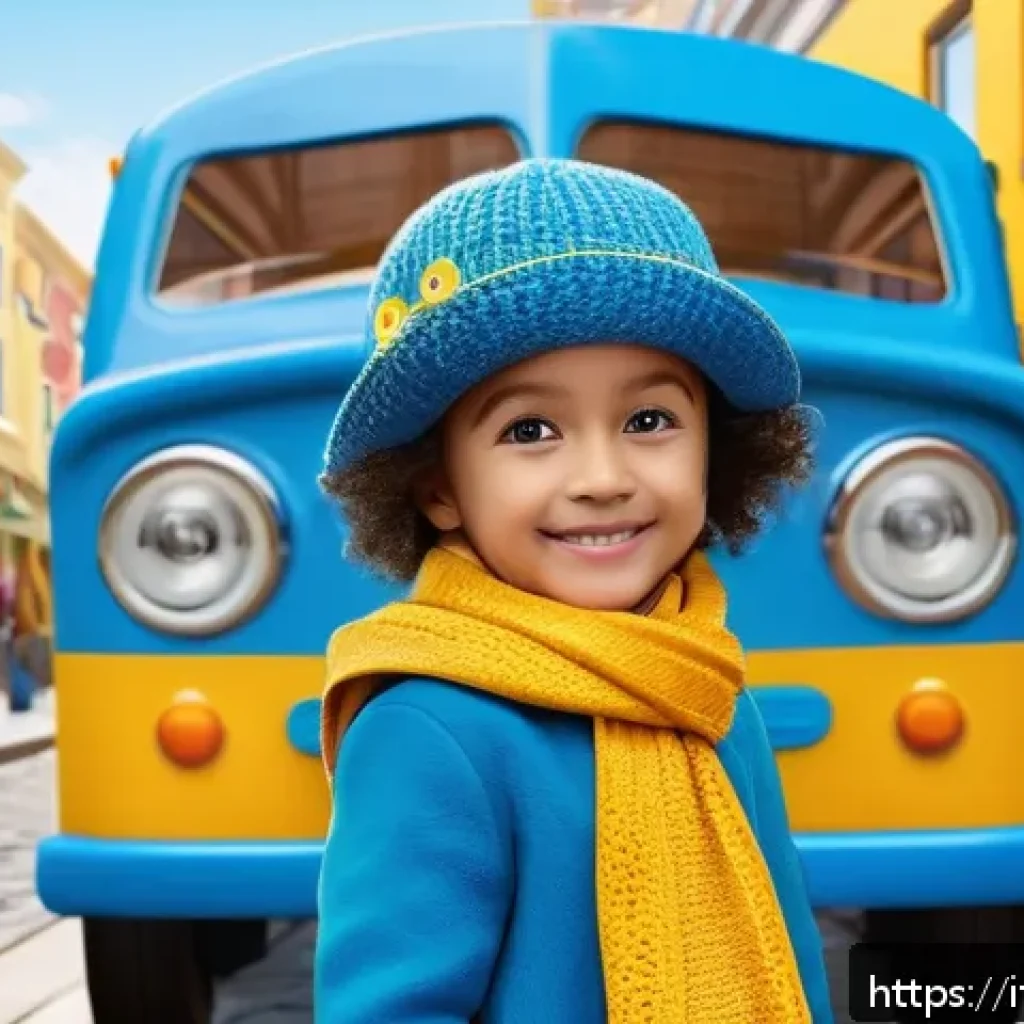 타요의 색채 디자인 - A vibrant and friendly animated blue bus character designed for preschool children aged 3 to 7, feat...