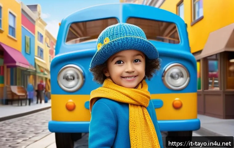 타요의 색채 디자인 - A vibrant and friendly animated blue bus character designed for preschool children aged 3 to 7, feat...