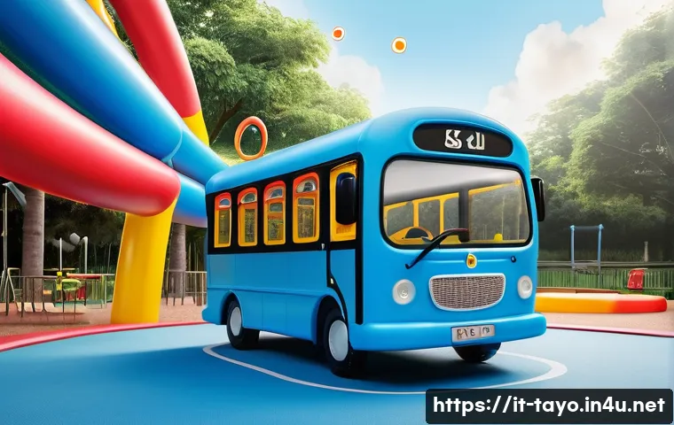 타요 연령별 인기 이유 - A vibrant and colorful scene featuring the friendly Tayo bus character in bright blue, red, and yell...