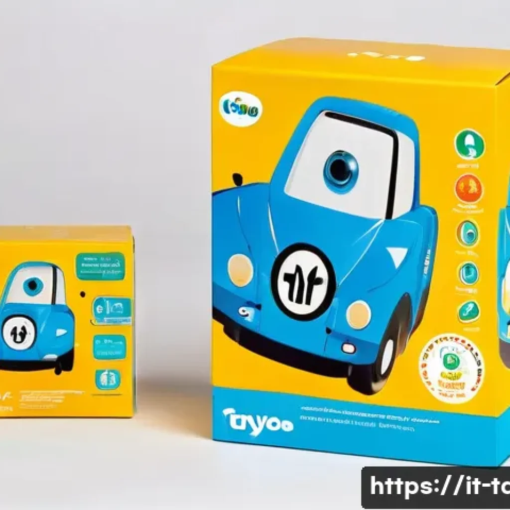 타요의 장난감 패키지 분석 - A vibrant and playful toy packaging design prominently featuring the main Tayo characters in dynamic...