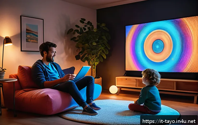 타요 온라인 콘서트 - A cozy family living room transformed into a mini concert stage for an immersive online music event,...