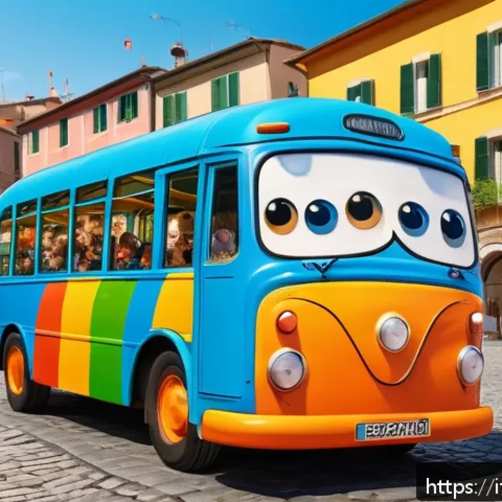 타요 캐릭터 소개 - A vibrant, colorful scene featuring friendly anthropomorphic buses from a children’s animated series...