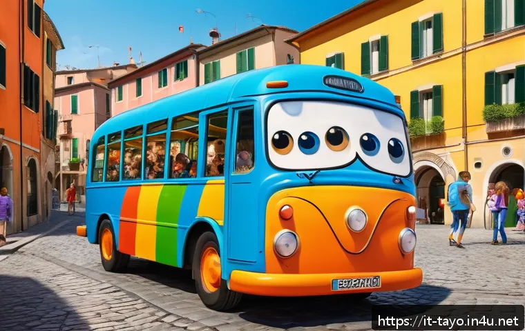 타요 캐릭터 소개 - A vibrant, colorful scene featuring friendly anthropomorphic buses from a children&rsquo;s animated series...
