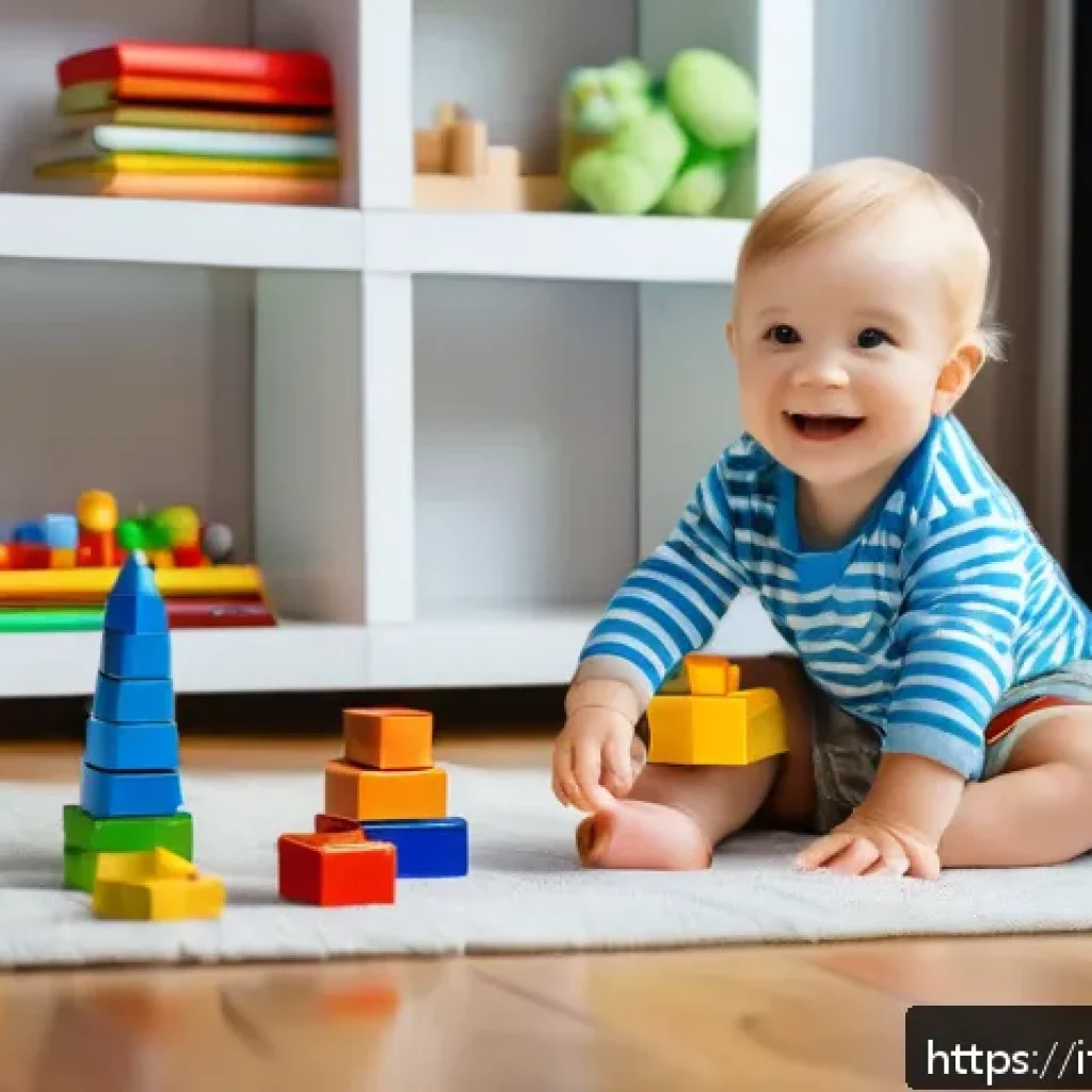 타요 관련 교구 - A joyful toddler wearing a colorful diaper playing with educational building blocks on a wooden floo...