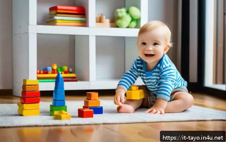 타요 관련 교구 - A joyful toddler wearing a colorful diaper playing with educational building blocks on a wooden floo...