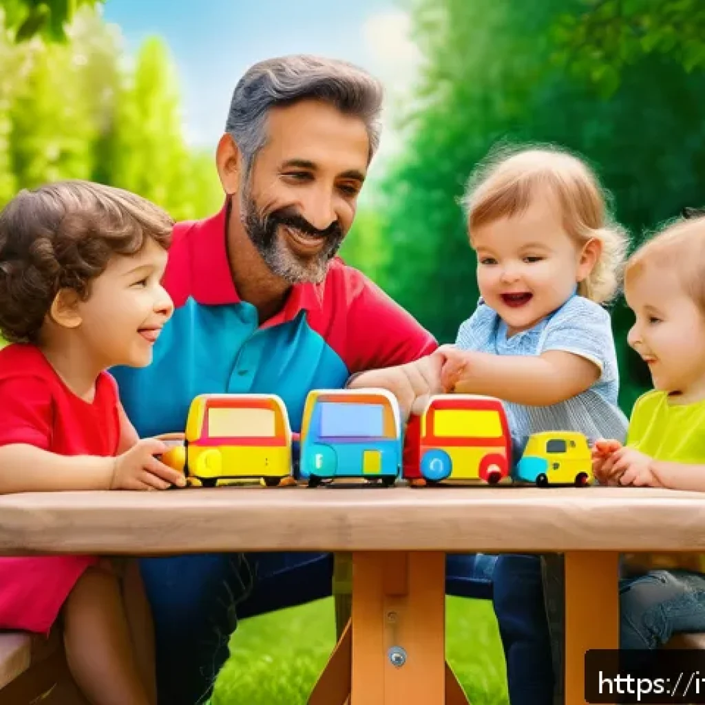 타요 버스 친구들 - A vibrant family scene in a sunny Italian park where young children wearing colorful casual clothes ...