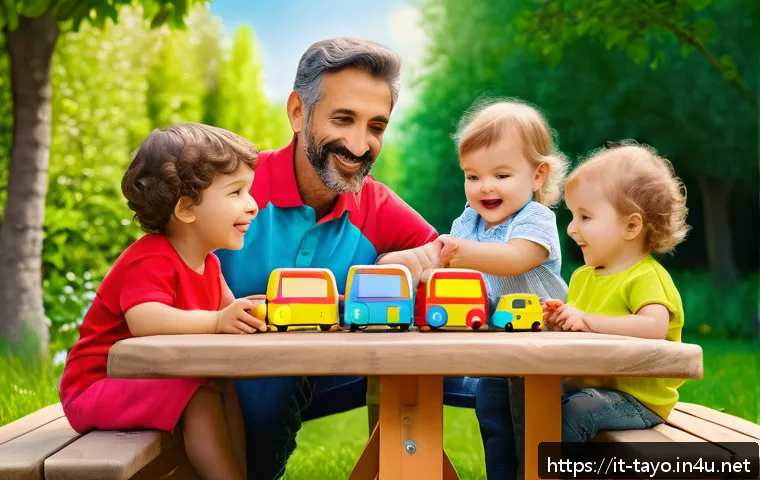 타요 버스 친구들 - A vibrant family scene in a sunny Italian park where young children wearing colorful casual clothes ...