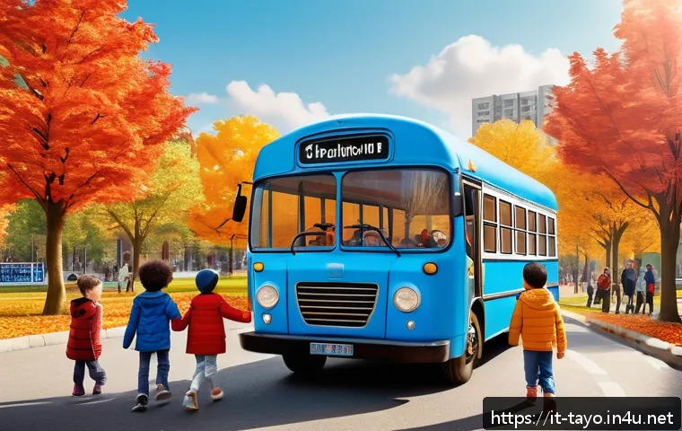 타요의 시즌별 스토리 전개 - A vibrant, colorful scene featuring Tayo the blue bus and his diverse group of friends — including b...