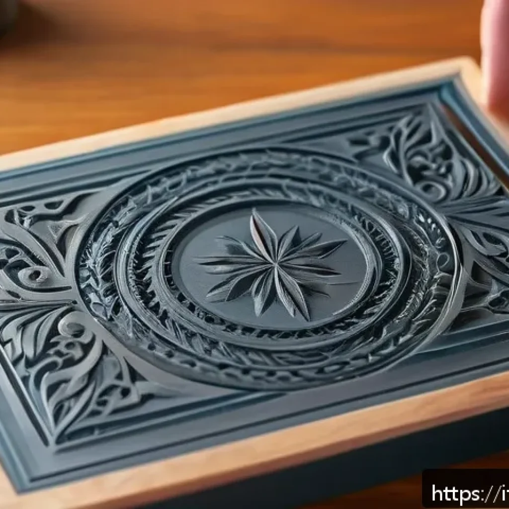 타요 캐릭터 도장 만들기 - A detailed close-up of a handcrafted custom rubber stamp being carved with precision tools: sharp ca...